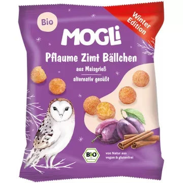 MOGLI Kraukšķīgas kukurūzas bumbiņas ar plūmēm un kanēli, ekoloģiskas 30g